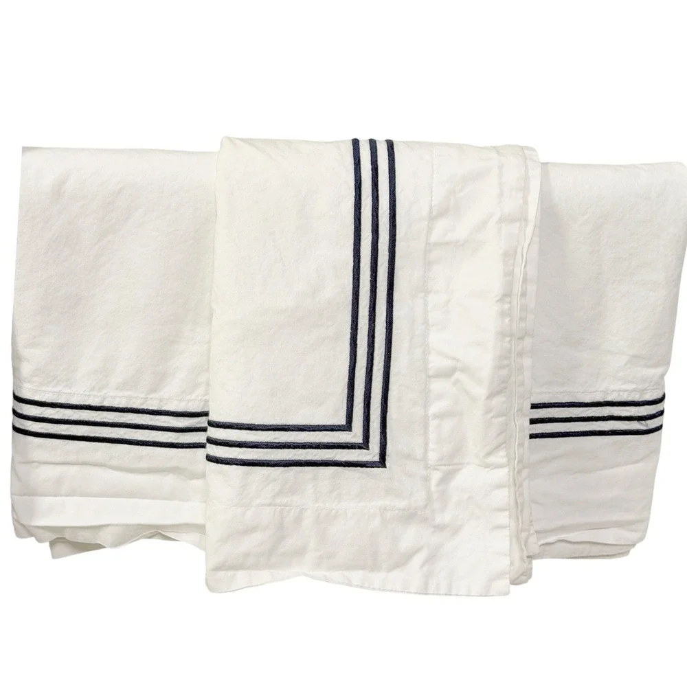 Pottery Barn Grand Organic Percale King Duvet Set Sham‎ Pillowcases White Navy